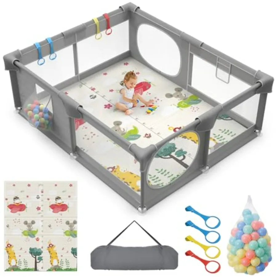 

Extra Large 71 x 59-inch Baby Playpen with Mat for Indoor Outdoor Use Breathable Mesh Safety Play Fence for Toddler Anti-Fall A