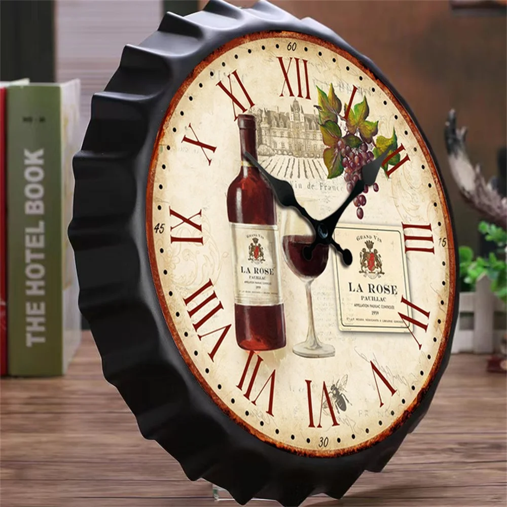 Bottle Cap Design Iron Retro Wall Clock 8/12inch Vintage Antique Silent Decor Clocks for Garage Farmhouse Office Beer Bar Cafes