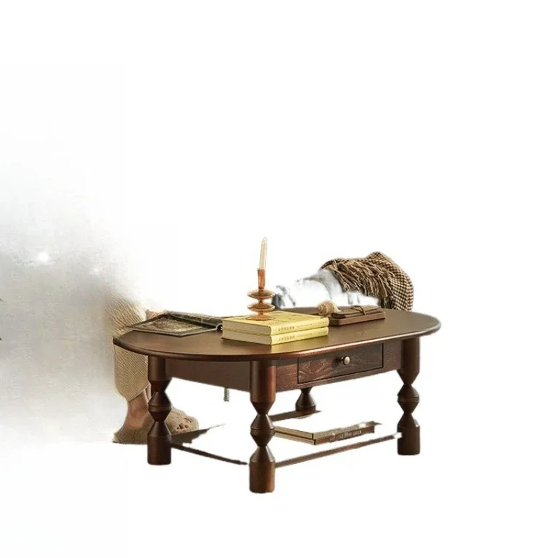 

French retro solid wood coffee table, living room household ash wood oval storage double-layer tea table