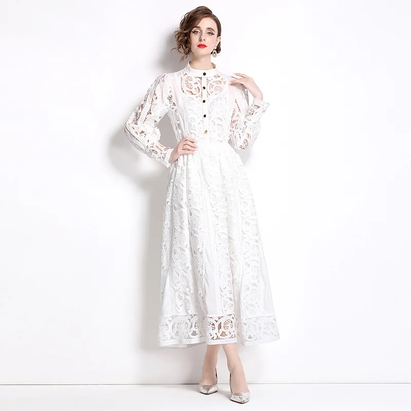 Summer Autumn Flower Embroidery White Lace Two Piece Women Set Shirt Tops And Midi Skirts Suits Fashion Outfits