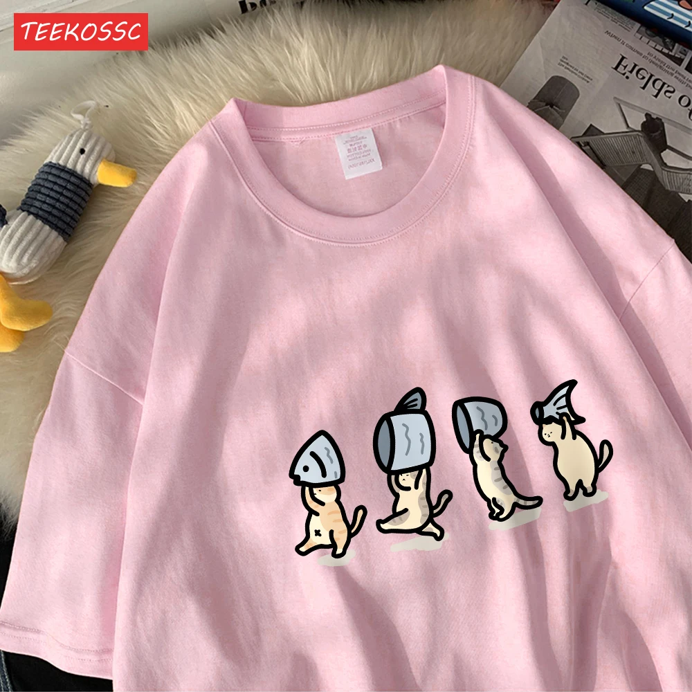 Vier Kleine Katzen Halten Fishcotton Frauen T-Shirts Cartoons Drucke T Shirts Weiche Oansatz Lose Kurzarm Tops Sommer Kleidung – Detail 19