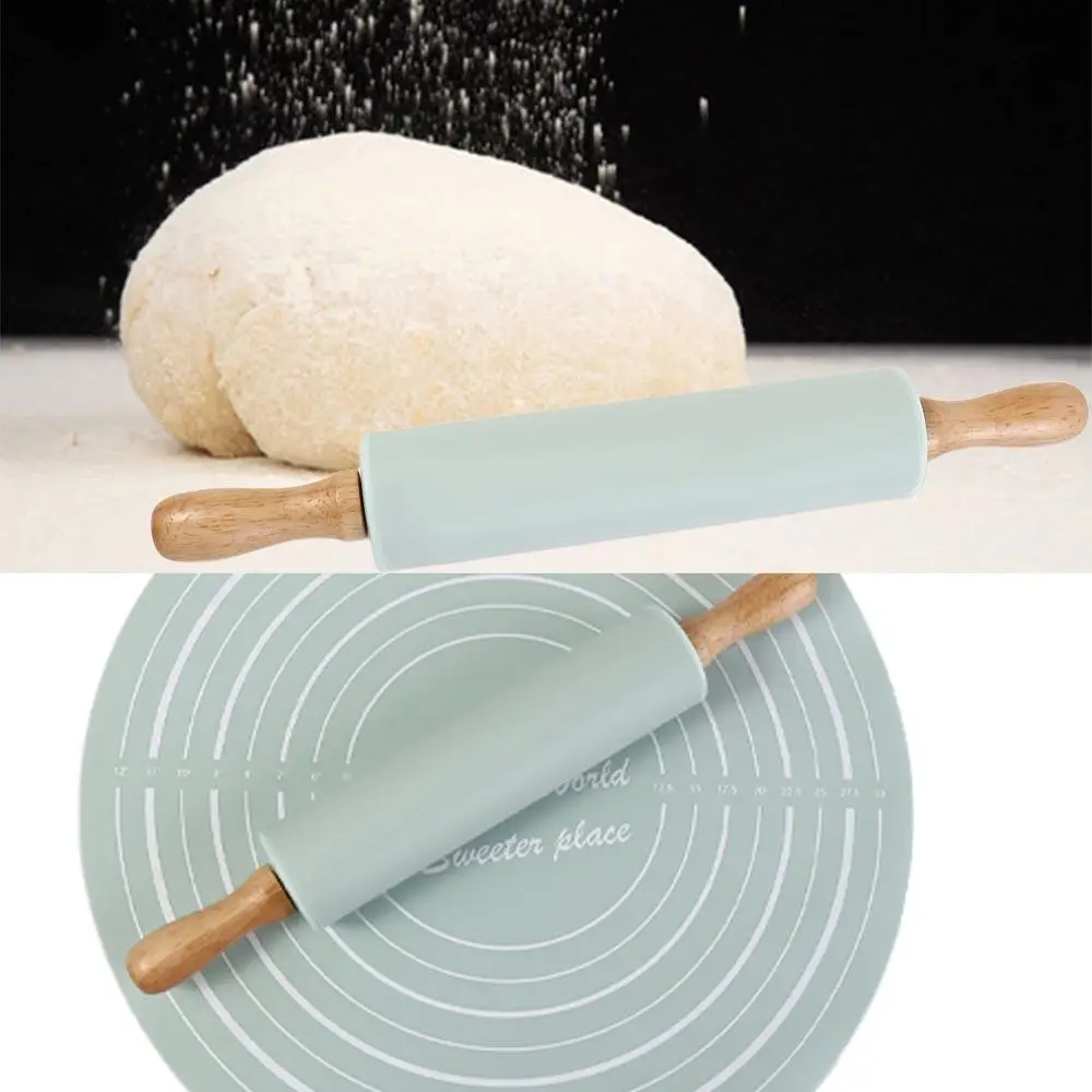 2 Pcs/set Eco-friendly Silicone Rolling Pin Pastry Mat Set Round with Scale Kneading Pad Reusable Thickened Dough Mat Flour