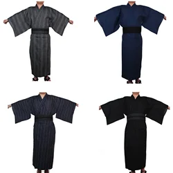 Japanese Traditional Samurai Kimono For Men Yukata Bathing Robe Hekoobi Loose Style Sauna Wear Homewear Belt Long Gown Cotton