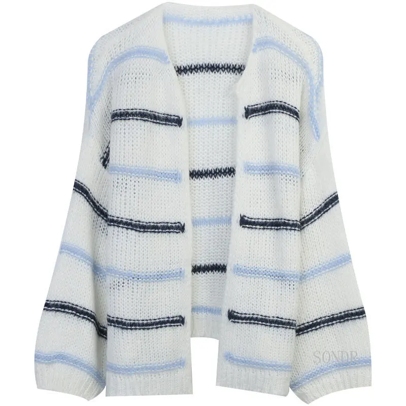 Women's Open Stitch Oversized Knitted Cardigan, Loose Sweater, Long-Sleeved Coat, Contrast Stripped Top, Slouch