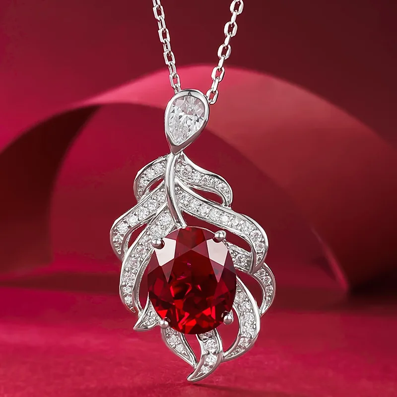 

S925 Silver Pigeon Blood Red Zircon 10 * 12 Elliptical Necklace Pendant for Women's Classic Simple Fashion Wholesale