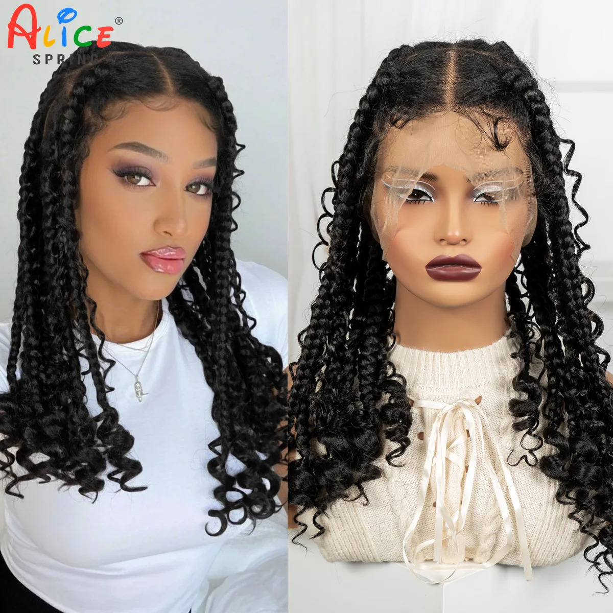 Full Lace Boho Braided Wigs with Curly Ends 16inch Synthetic Knotless Box Braided Wigs Lace Frontal Braids Wig for Black Women