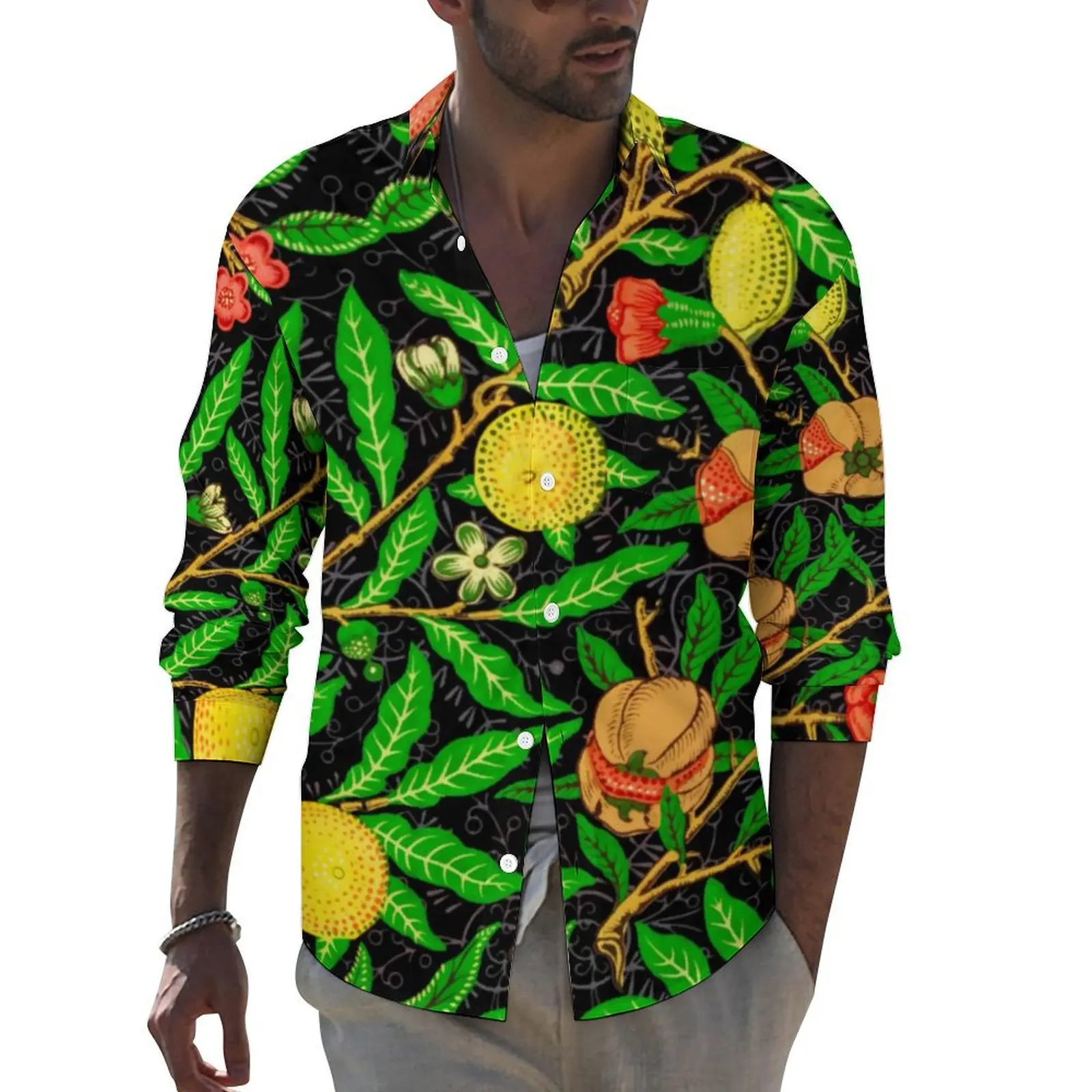 

Tropical Fruit Shirt Green Leaves Print Casual Shirts Long Sleeve Graphic Harajuku Blouses Spring Cool Oversized Tops