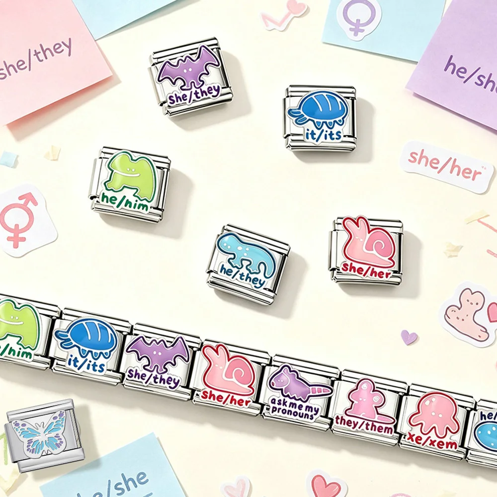 9mm Stainless Steel Italian Charm Links Cute Cartoon Animal Gender Pronoun She/Her He/Him They/Them Charms DIY Bracelet Jewelry