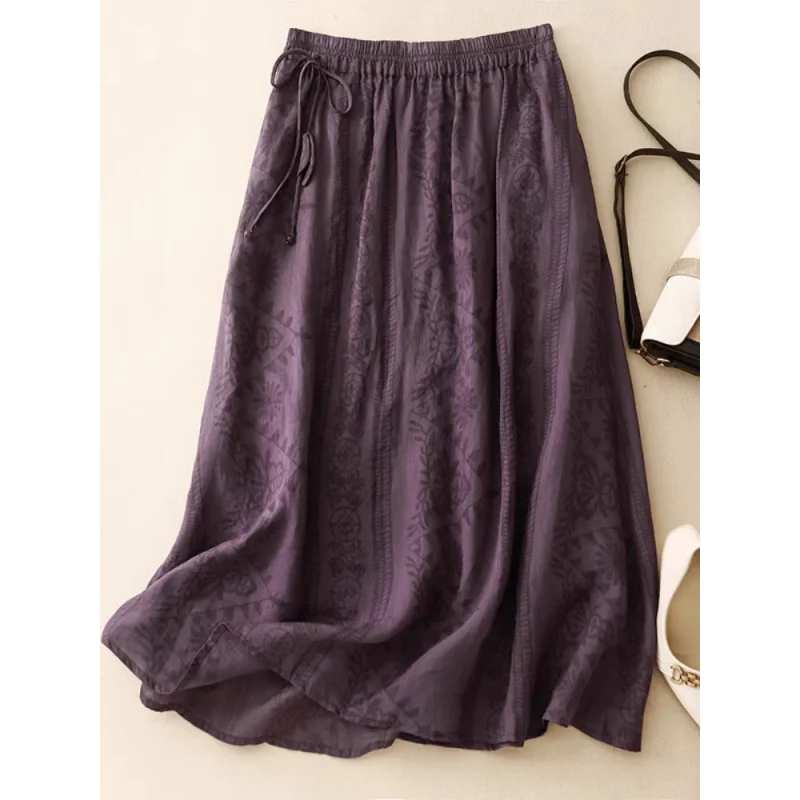 

Vintage Literary Jacquard Women Skirts 2025 New Summer Casual Loose Cotton Linen A-Line Office Lady Midi Skirts Jupe Femme
