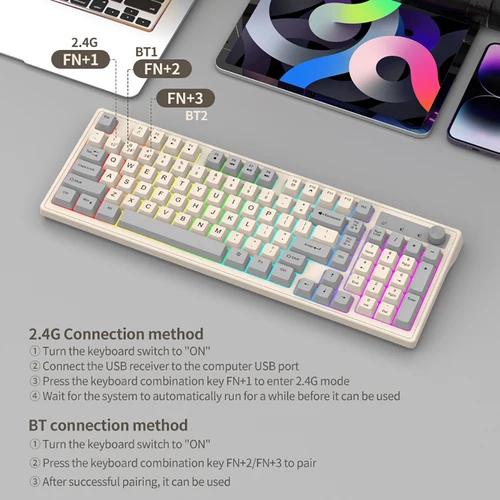 Imagen 2 del producto Teclado Bluetooth Dual, teclado inalámbrico BT/2,4G de modo Dual, teclado recargable retroiluminado RGB, teclado para juegos para ordenador portátil y tableta