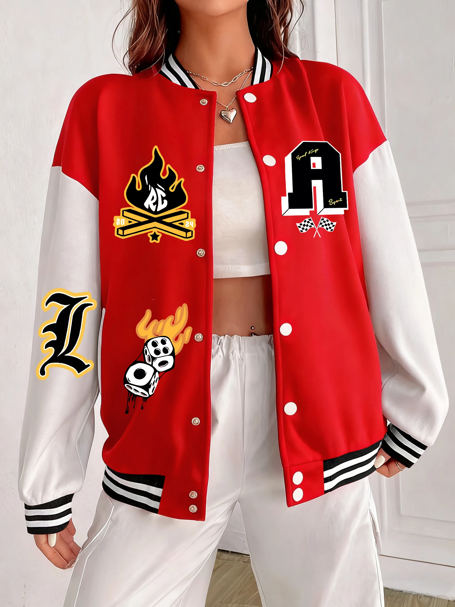 

Hold A Relaxing Exercise Here Pattern Jacket Womens Oversized Hip Hop Baseball Uniform Soft Cotton Coat Casual Street Sportswear