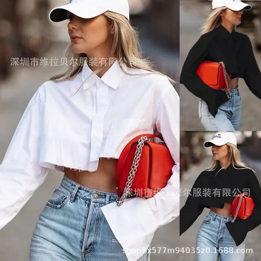 

Fashion White Crop Tops Women 2023 Blouses Elegant Flare Sleeve Asymmetry Black Shirts Blouses Streetwear Sexy Top Spring