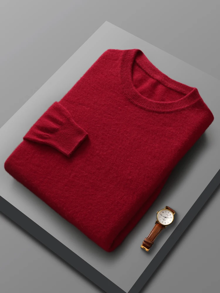 Men's Basic Solid Pullover 100% Merino Wool Knitted Sweater Fashion O- Neck Soft Warm Autumn Winter Casual Loose Clothing Tops