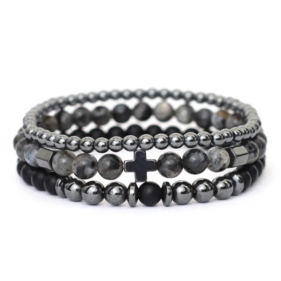 Stylish Men Bracelet Set 3Pcs 6mm Lava Tiger Eyes Onyx Stone Beaded Charm Braslet Natural Hematite Energy Healing Braclet Joias