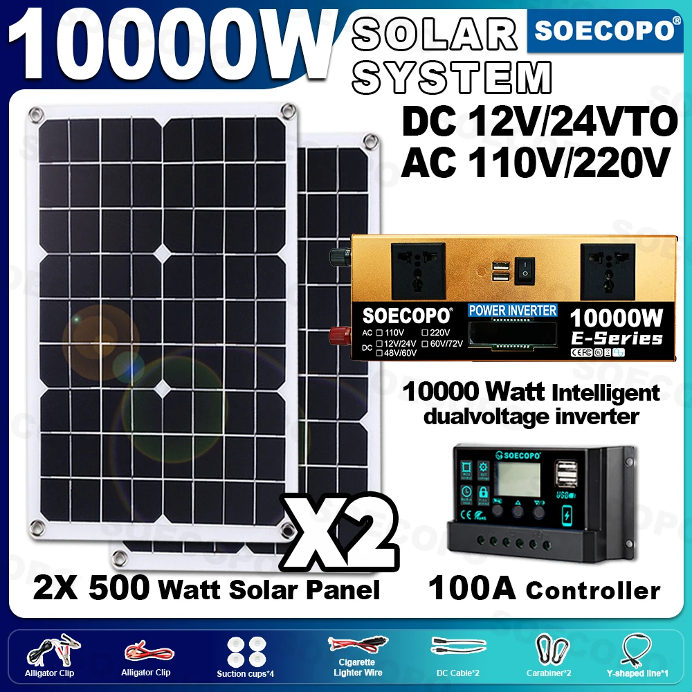 

SOECOPO 10000W Complete Solar Kit 2×500W Panels, 12V/24V To 110V/220V Inverter (Two Outlets), 100A Controller – For Home Camping