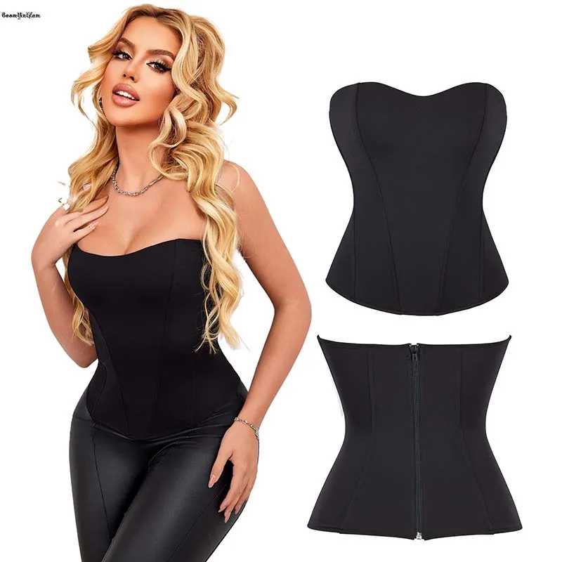 

Height 39CM Gothic Corselet Plus Size XS-XXL Solid Black Women's Frill Lace Trim Bone Mesh Overbust Corset With Back Zip