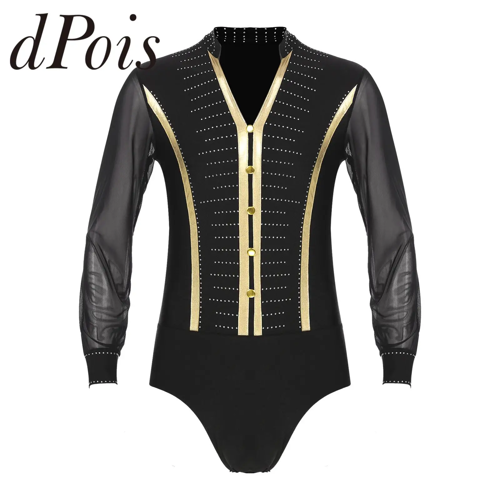 Mens Ballroom Samba Latin Dance Costume Shiny Rhinestones Bodysuit Sheer Mesh Long Sleeve Skating Leotard Gymnastics Jumpsuit