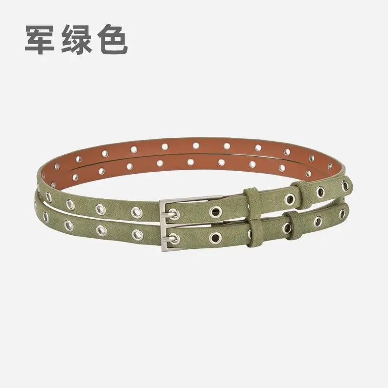 Women Leather Waist Belt Double Strap Metal Buckle Rivet Eyelet Fashion Dress Sweater Decor Accessory