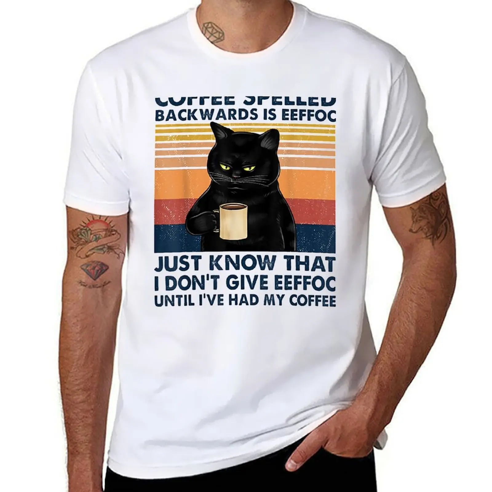

Coffee Spelled Backwards Is Eeffoc Cat Drinking Vintage T-Shirt man t shirt summer man t shirt graphic T-Shirt