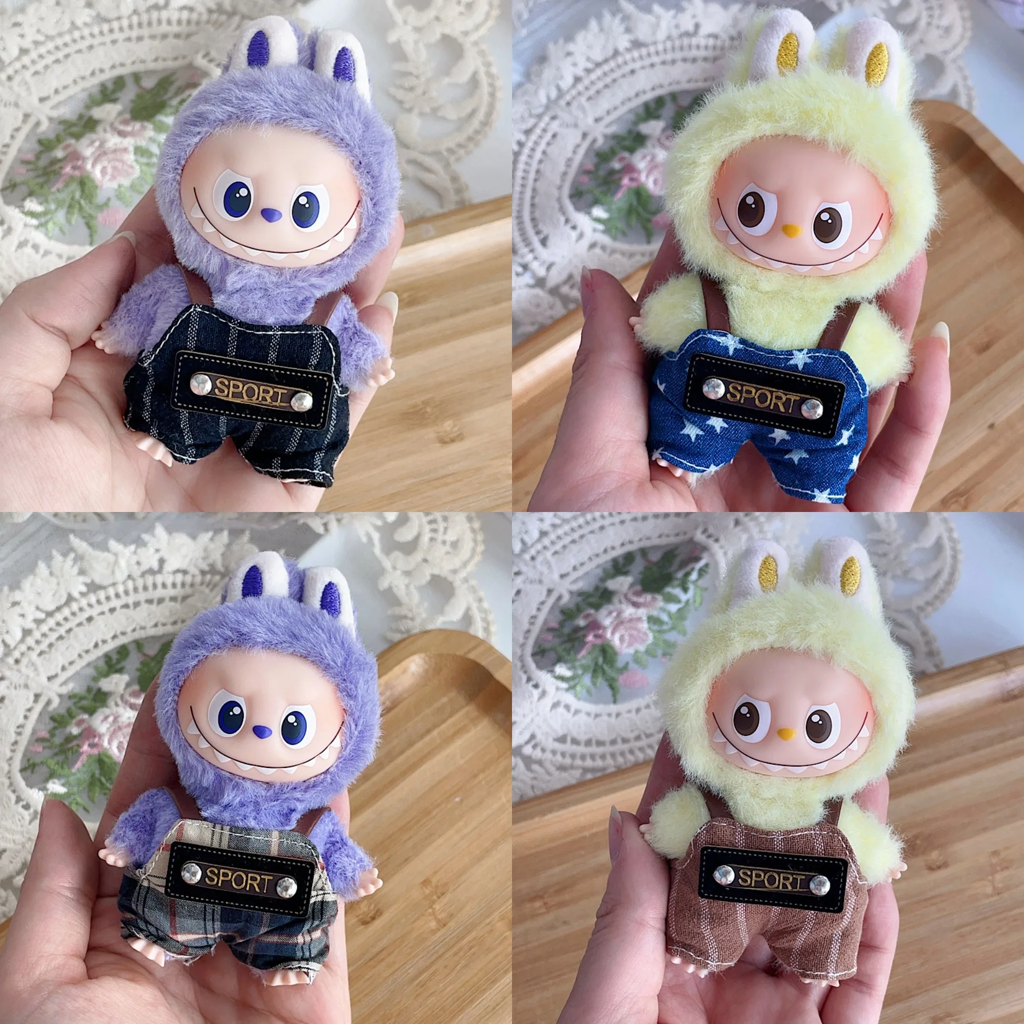 

For 10cm 4th Gen Mini Labubu Heart Code Striped Plaid Star Suspenders Outfit Set Cute Patterned Overalls for Vinyl Keychain Doll