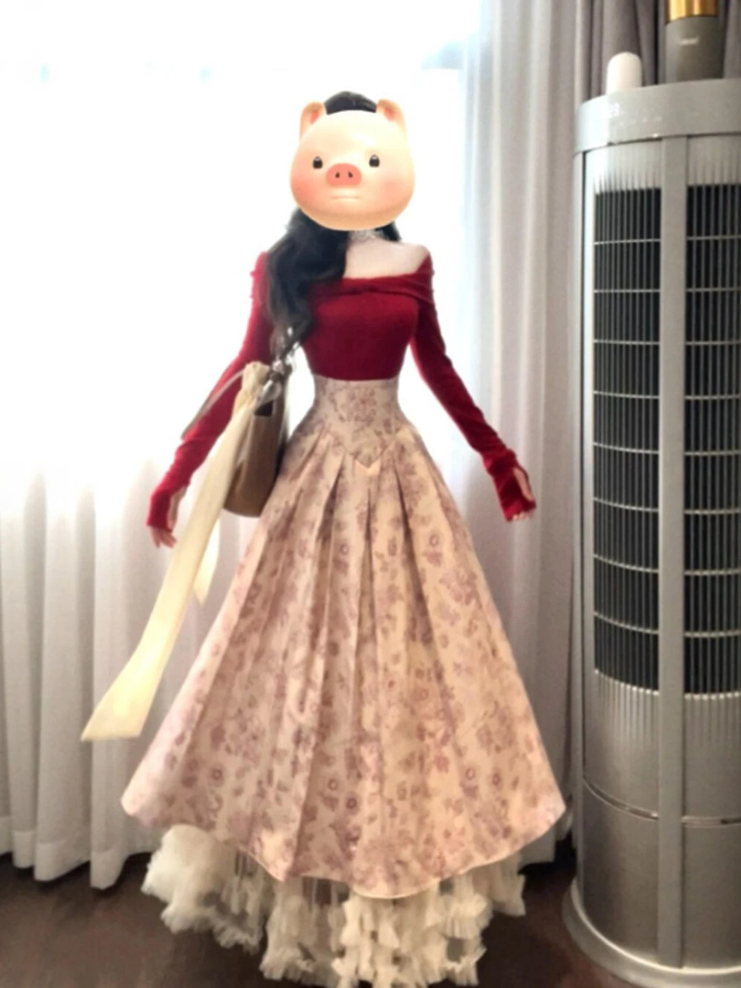 

Retro Gentle Red Floral Print Top And Skirt Set Comfortable High Waist Long Sve irt And Midi Skirt Two Piece Ensemble