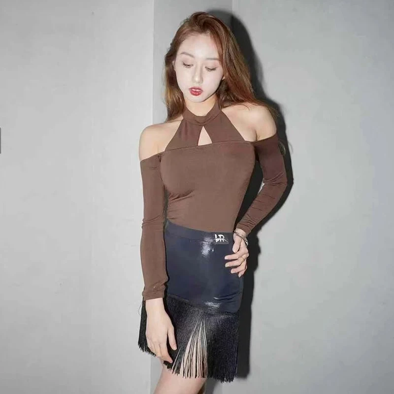 여성용 라틴 댄스 상의, 행잉 넥 할로우 긴팔 점프수트, 연습복, 여성 삼바 차차 라틴 댄스 상의, DN19601