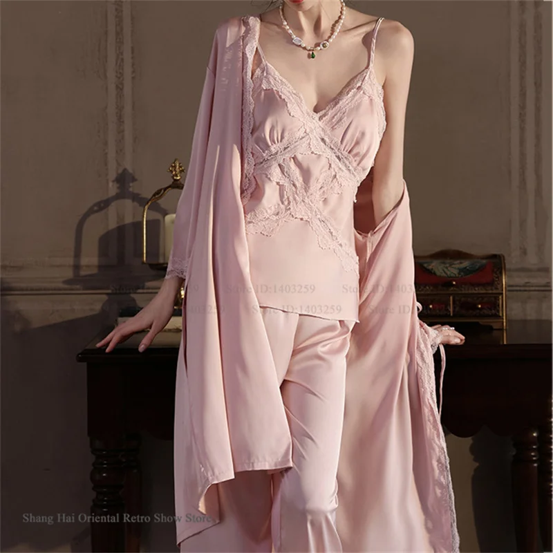 Sexy Lace Bathrobe Pajamas 3PCS Set Spring Summer New Ice Silk Sleepwear Loungewear Loose Casual Trouser Pijamas Suit Lingerie 2