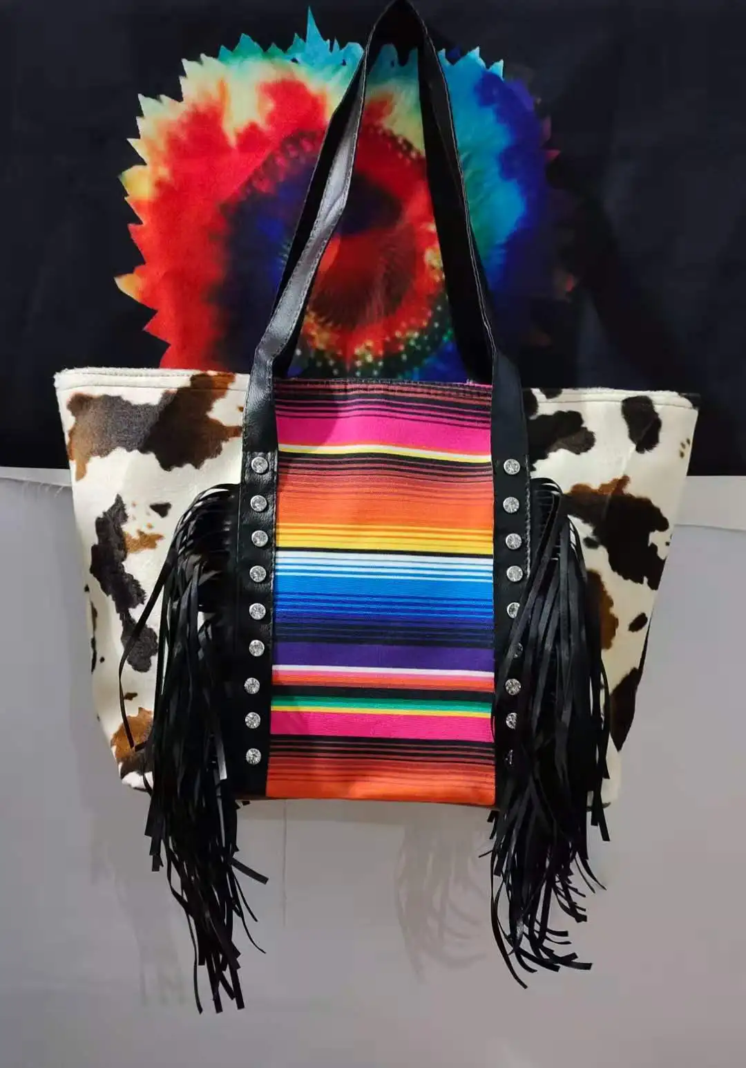 حقيبة نسائية مخططة عباد الشمس ليوبارد طباعة بقرة أسود أحمر متقلب أسود بني شرابة كتف واحد حقيبة يد نسائية ladie #2