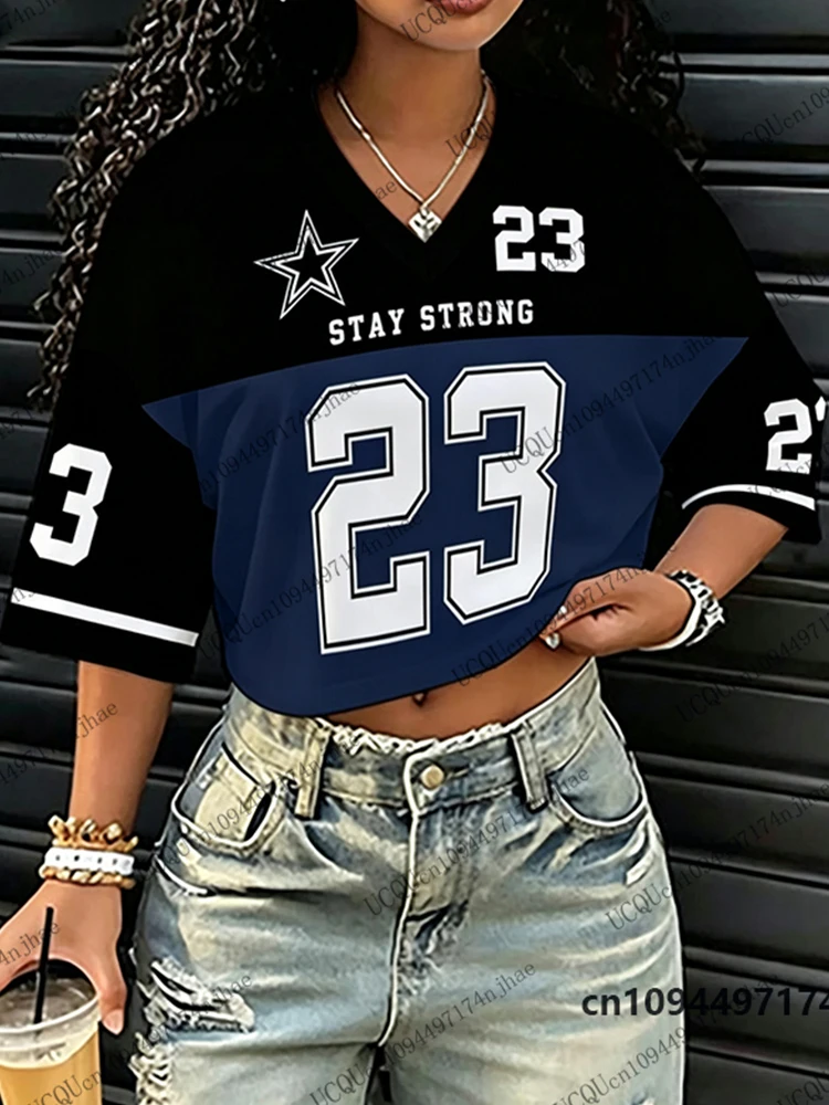 2026 Neues „Stay Strong“ Nr. 23 Print T-Shirt für Damen, Sommer, Kurzarm, Sexy Crop Top, Fußballtrikot, Y2k V-Ausschnitt Tees, Sport-Oberteile – Detail 11