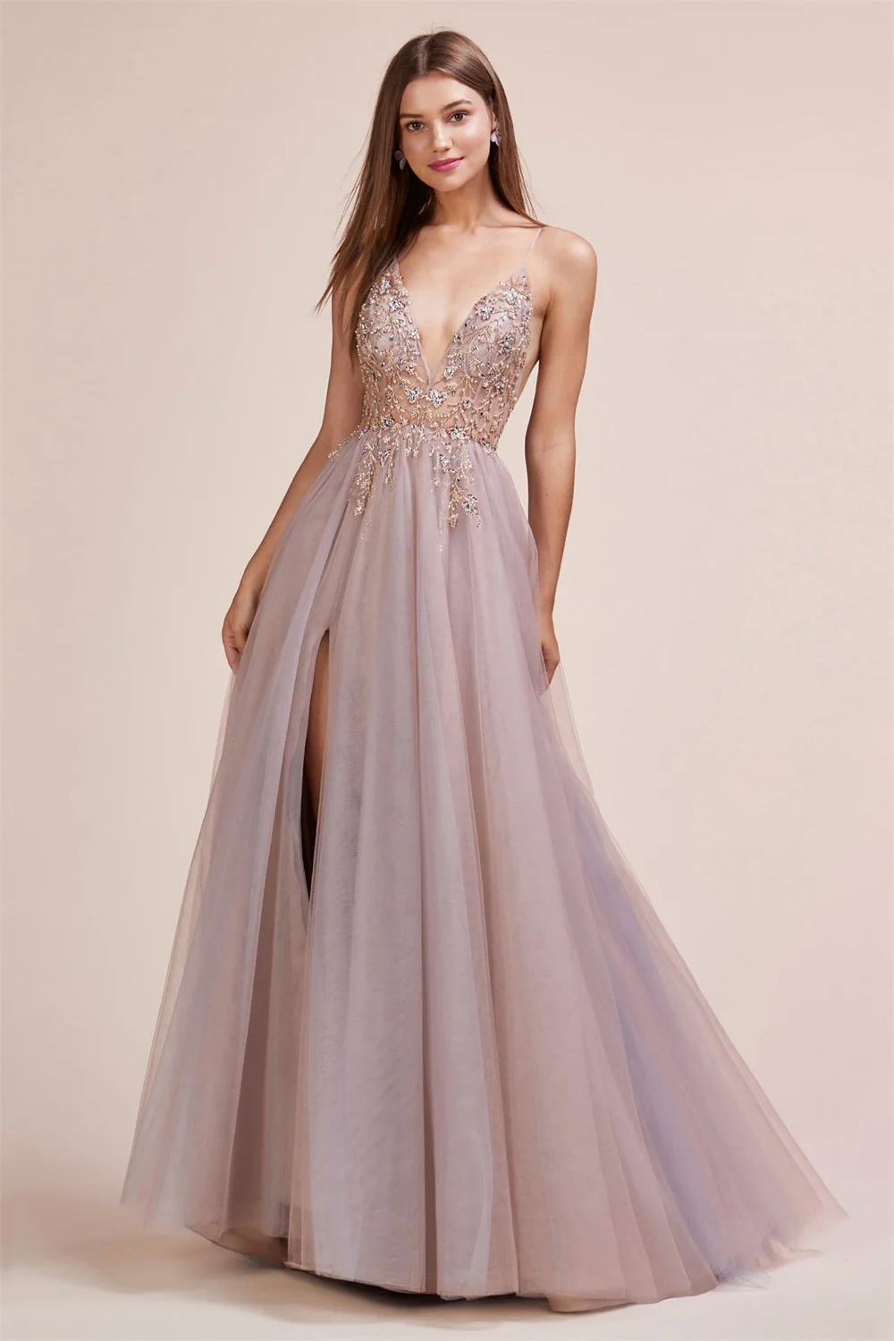 Spaghetti Strap Tulle V-neck Evening Dresses With Split Side Sleeveless Sparty Formal Cocktail Party Floor-length Ball Gowns