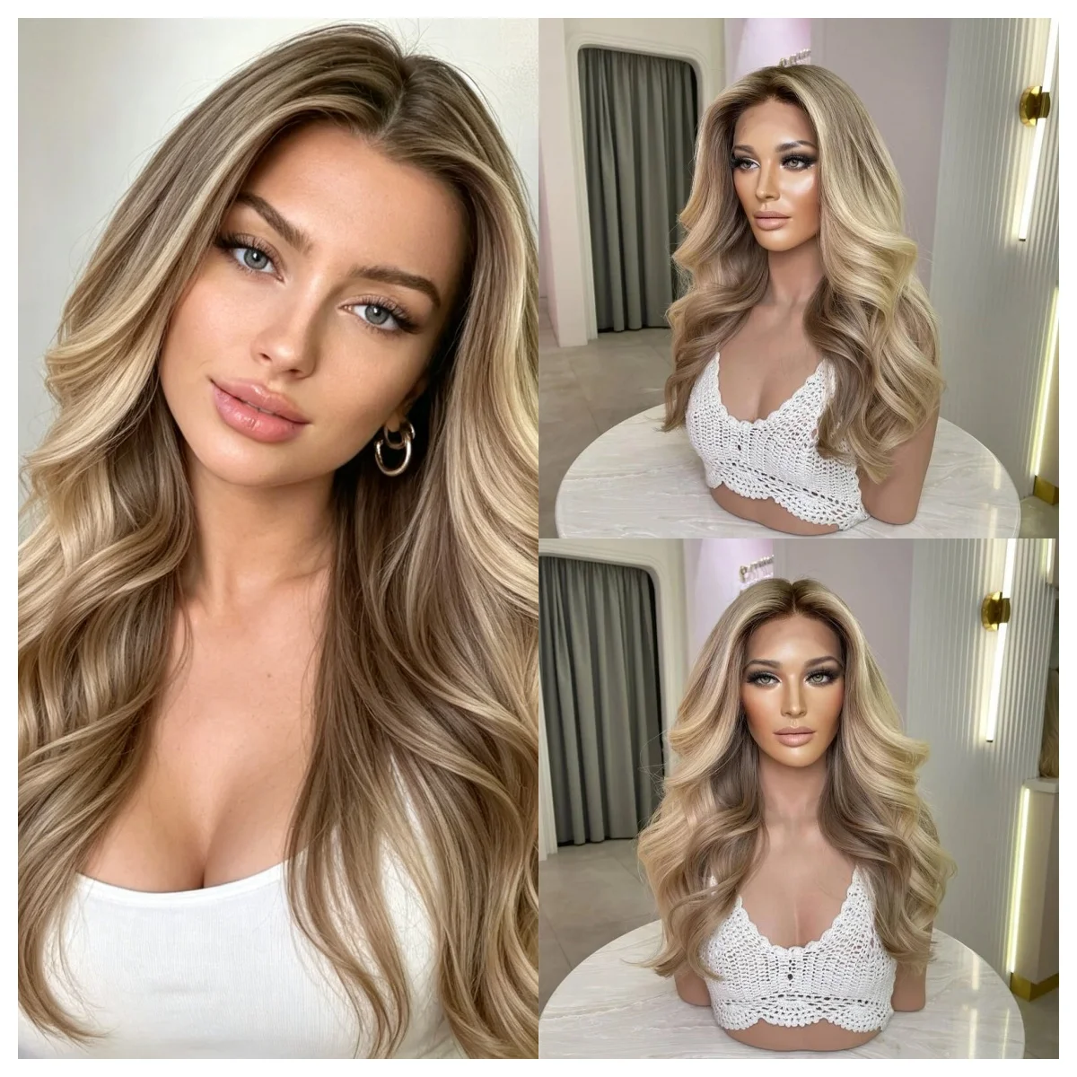 Ombre Blonde Highlight Synthetic Wig with Brown Body Wave Dark Roots Lace Frontal Heat Resistant Glueless for Women Daily Use
