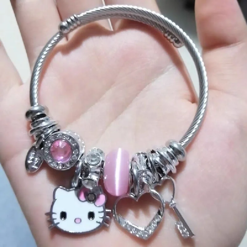 2024 New Paragraph Miniso Hello Kitty Beaded Pendant Bracelet  Anime Cartoon Jewelry Silver Color Suitable For Girls Gift