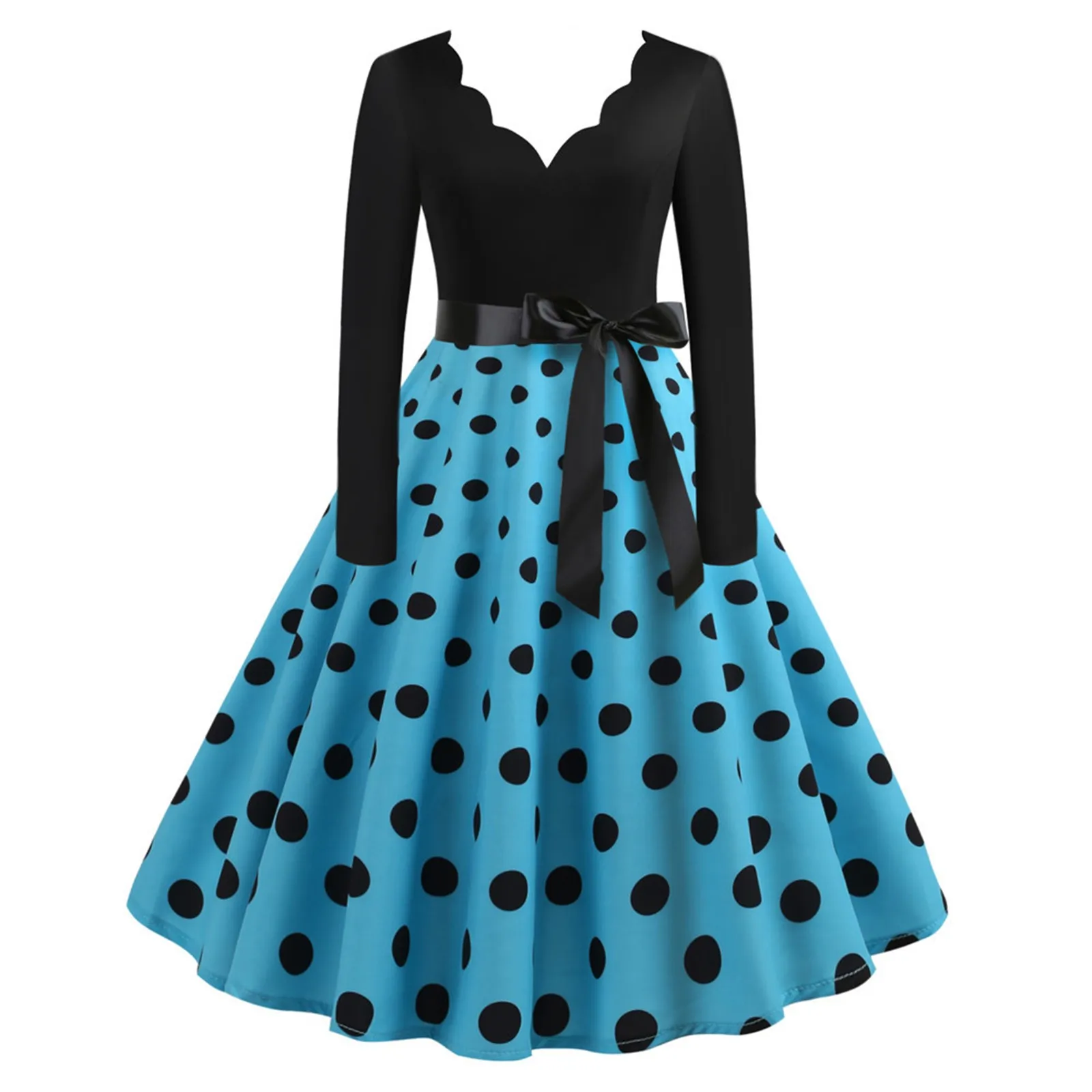 

Vantage Polka Dot Large Swing A-Line Dress for Women Wave Cut Slim Fit Bowknot Dresses V-Neck Long Sleeved Pleated Dress