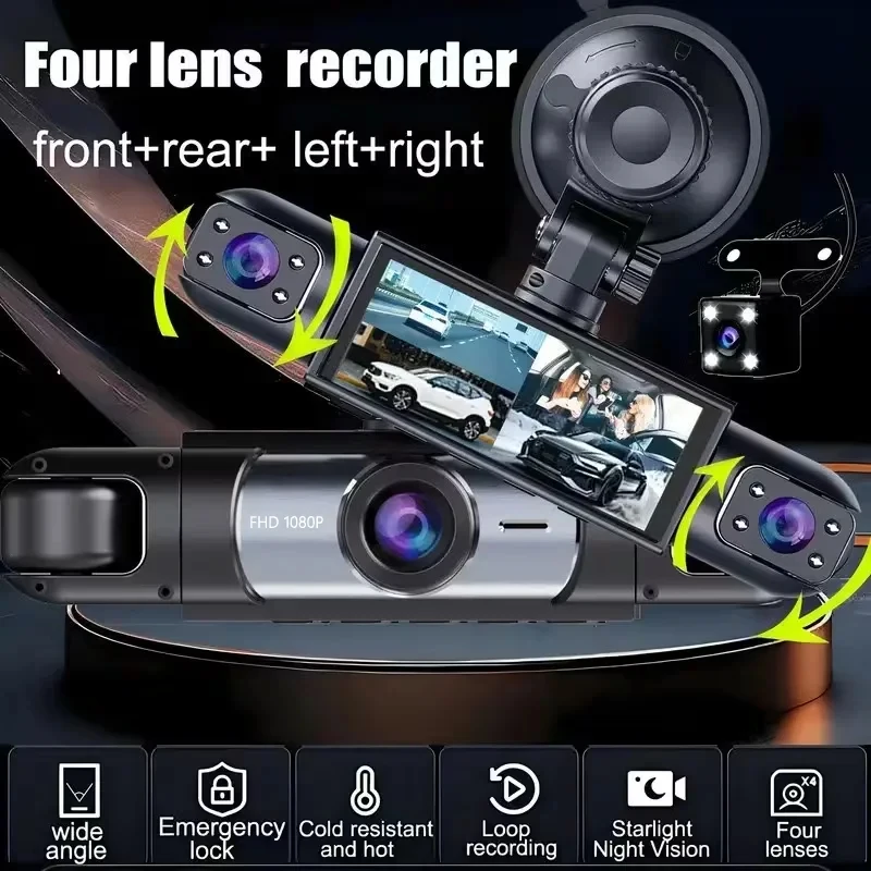 4 Lens Dash Cam 1080p Full HD 170° Wide Angle with Rearview Camera Compatible with Any Vehicle Model Car Safety Driving Recorder