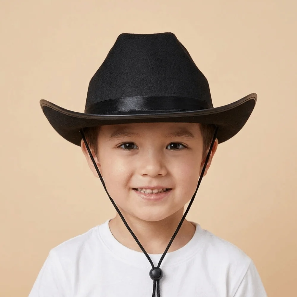 Solid Color Kids Cowboy Hat Wide Brim Felt Western Cowboy Hat with Adjustable Chin Strap Ethnic Style Jazz Hat Disco Party