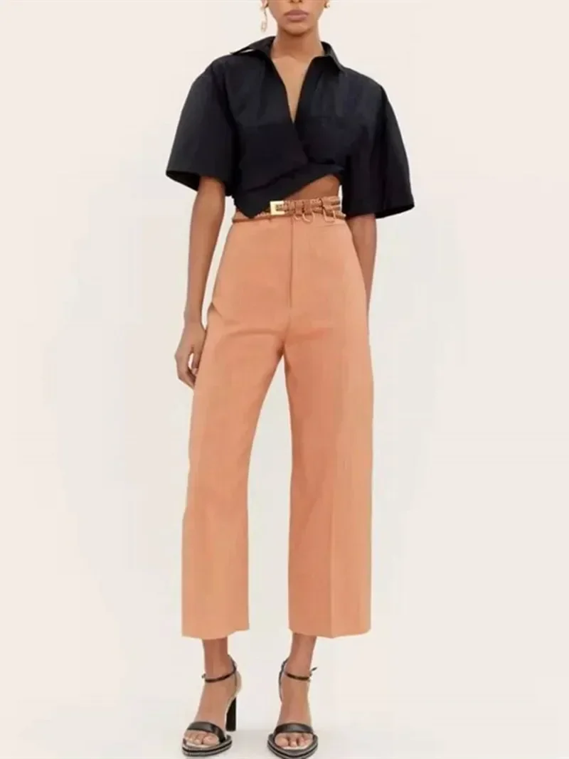 

Shirt for Ladies 2023 New Irregular Covered Button Turn-Down Collar Side Zipper High Street Short Sleeve Blouse