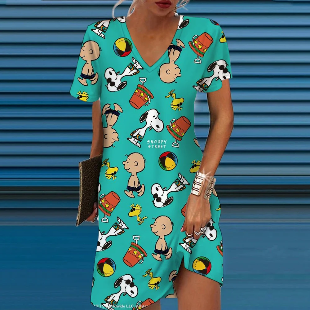 

Women's Dresses Summer Fashion Snoopy print V Neck Loose Bohemian Vacation Woman Basic short-sleeved Vestidos