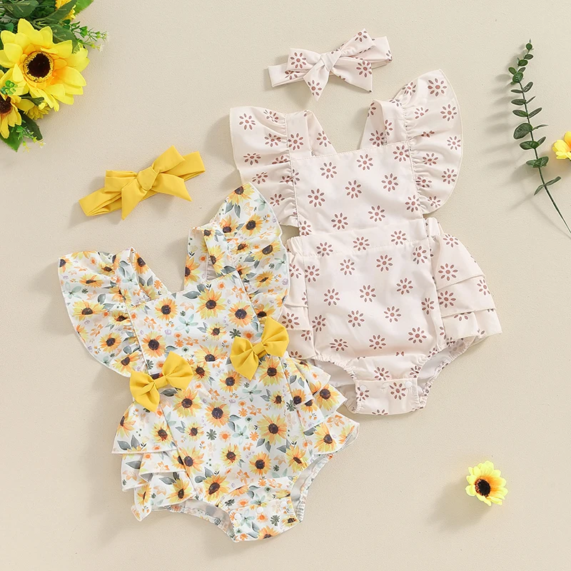 

Tregren Infant Baby Girls Summer Romper Daisy Print Double Bowknot Fly Sleeve Ruffles Bodysuit with Headband for Toddler Newborn