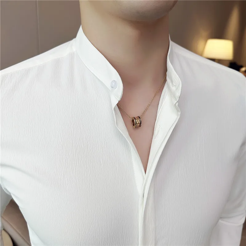 Brand 2023 New Fashion Stand Collar Solid Slim Fit Shirts Mens Casual Luxury Long Sleeve Party Wedding Business Dress Shirts