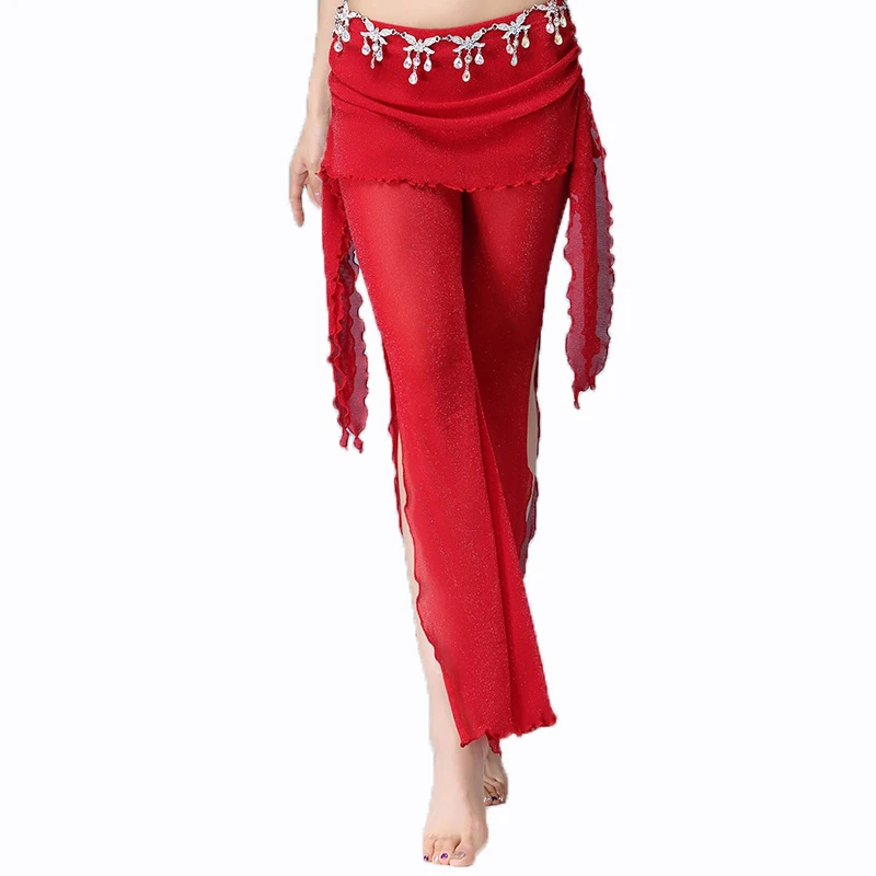 Women Belly Dance Pants Oriental Tribal Lady High Waist Trousers Adults Silver Silk Wave Split Pants Skirt Practice Clothing XL