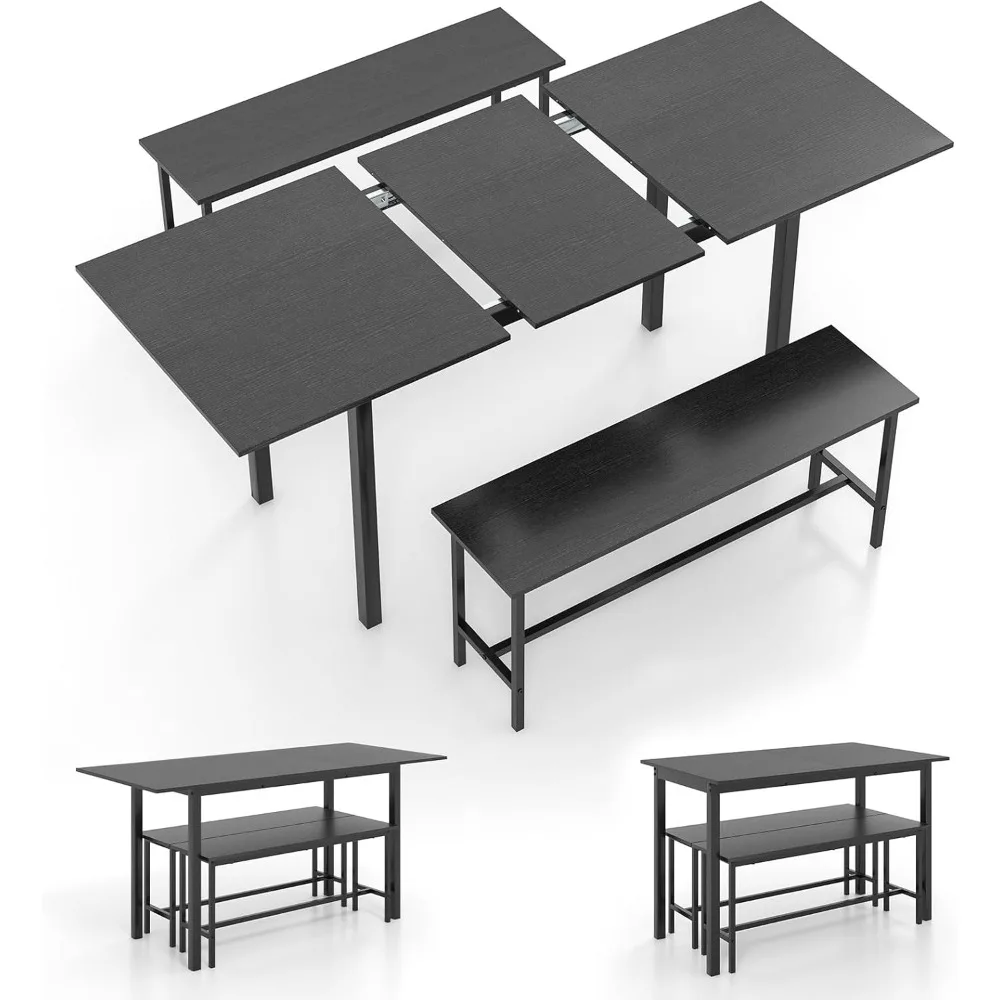

Dining Room Table Set for 4-6, 63” Extendable 3-Piece Dining Table Set with 2 Benches, Metal Frame, Dinette Table Set for Break