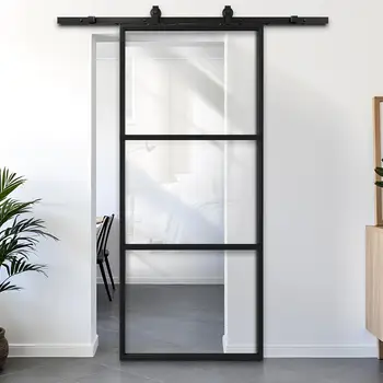 36 pol. x 84 pol. Porta de celeiro deslizante de vidro com kit de ferragens para porta de celeiro de 6 pés e mecanismo de fechamento suave, vidro transparente interno preto