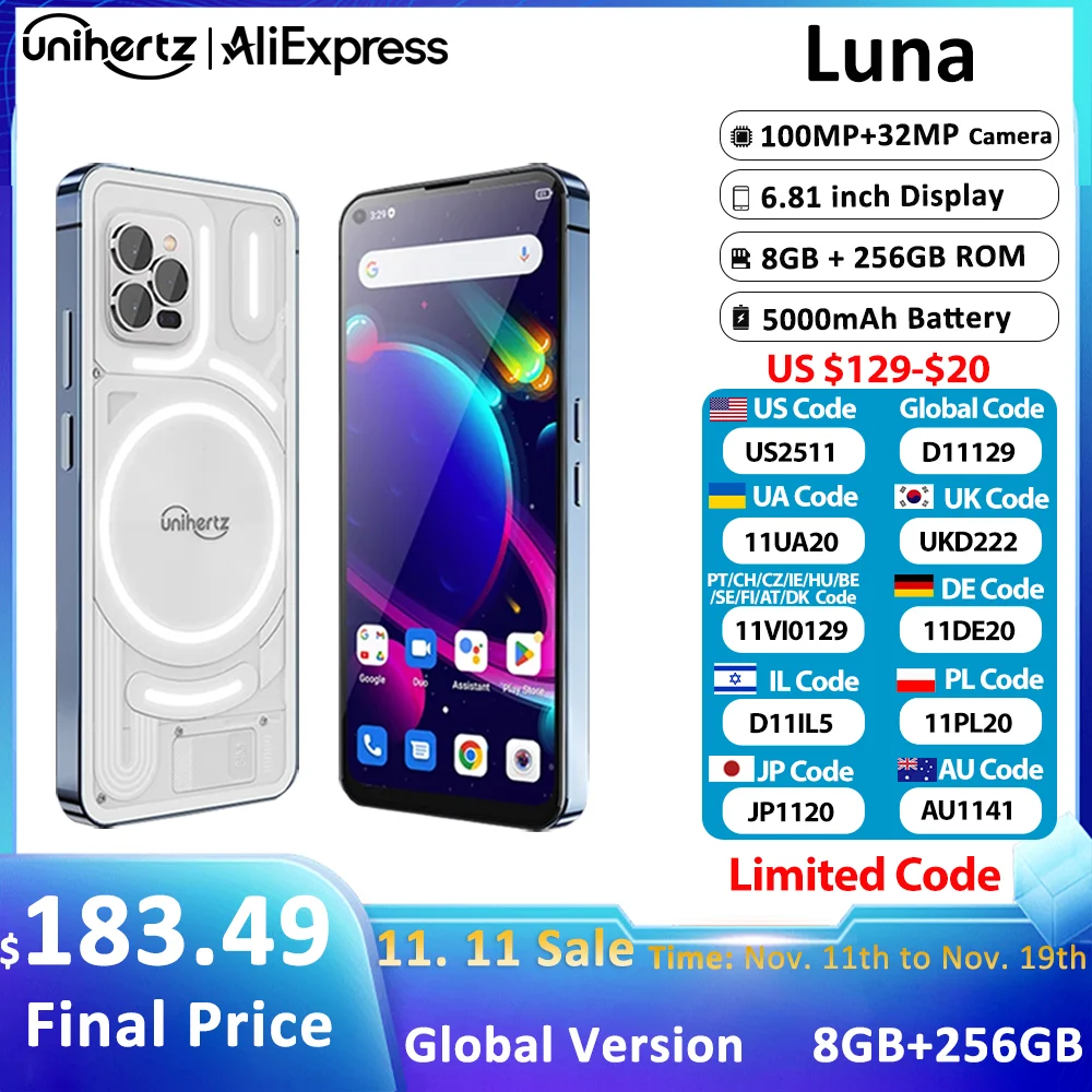 Unihertz Luna Smartphone Rhythm Ambient LED strip Music Phone 8GB RAM 256GB ROM 108MP G99 Mobile Phone Night Vision Cellphone