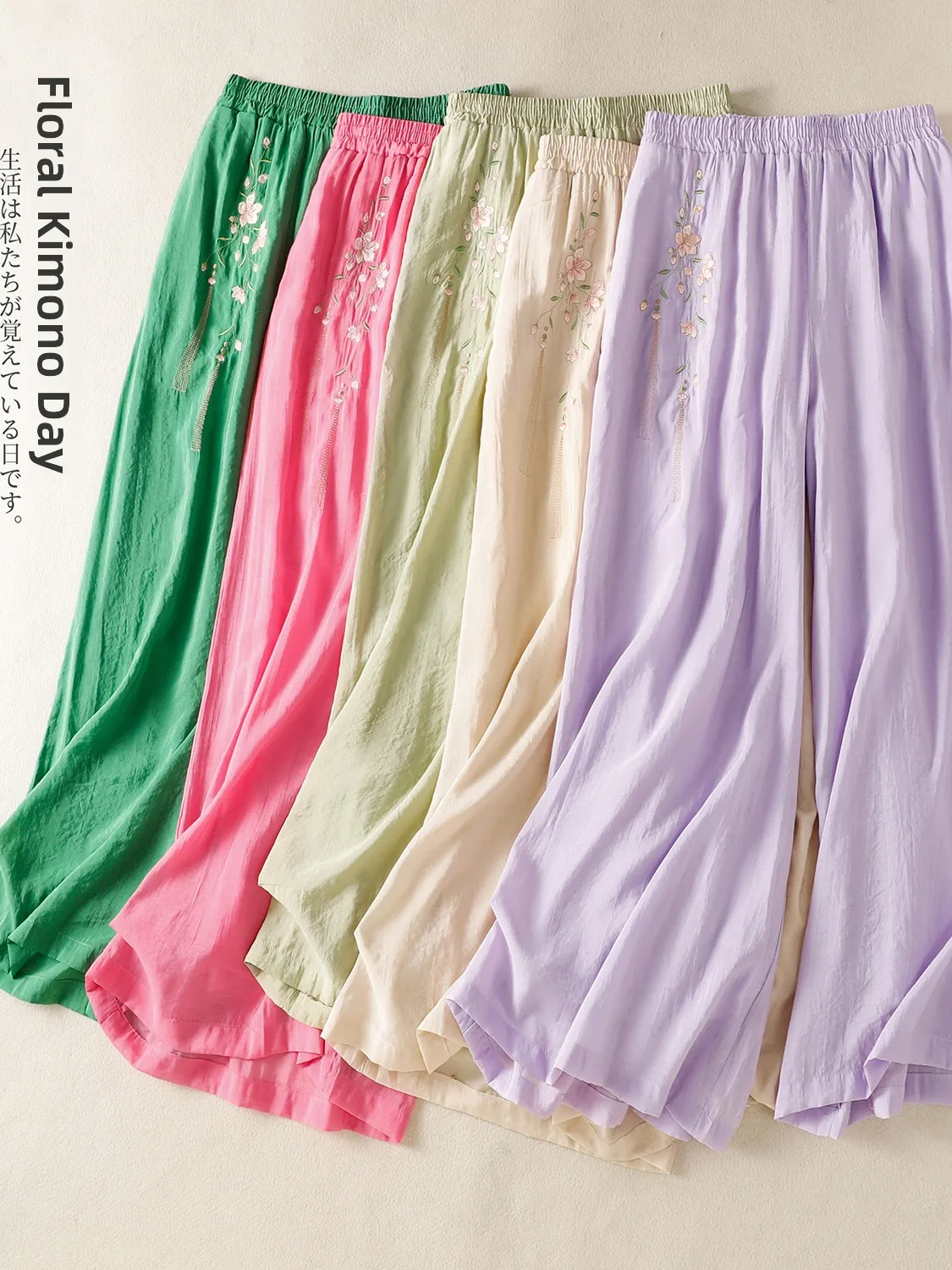 

Двухслойные широкие брюки с вышивкой в стиле ретро, женские свободные брюки с эластичной резинкой на талии больших размеров, повседневные тонкие летние брюки с девятью точками