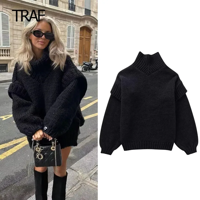 TRAF Knitted Pullovers Women\'s Sweater Autumn Turtleneck Long Sleeve Top Korean Style Knitwears Designer Clothes Women Luxury