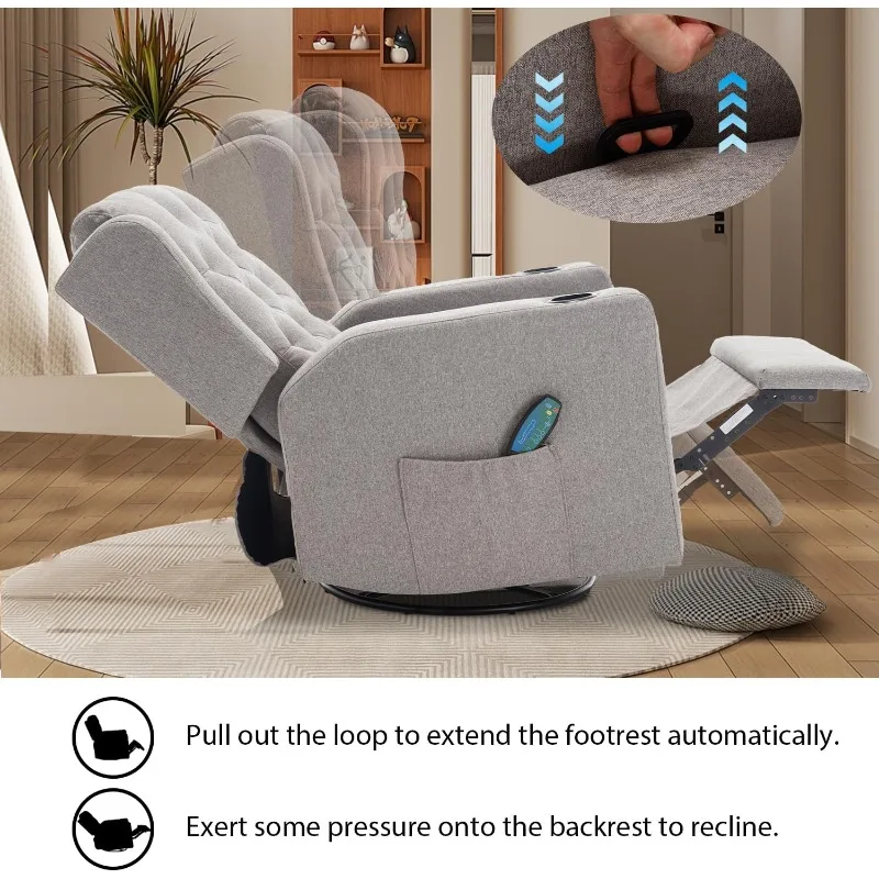 home.330lbs Oversized Swivel Rocker Recliner Chairs Wide Seat Grey Fabric Reclining Rocking Glider Chair with Cup Holders, Heavy