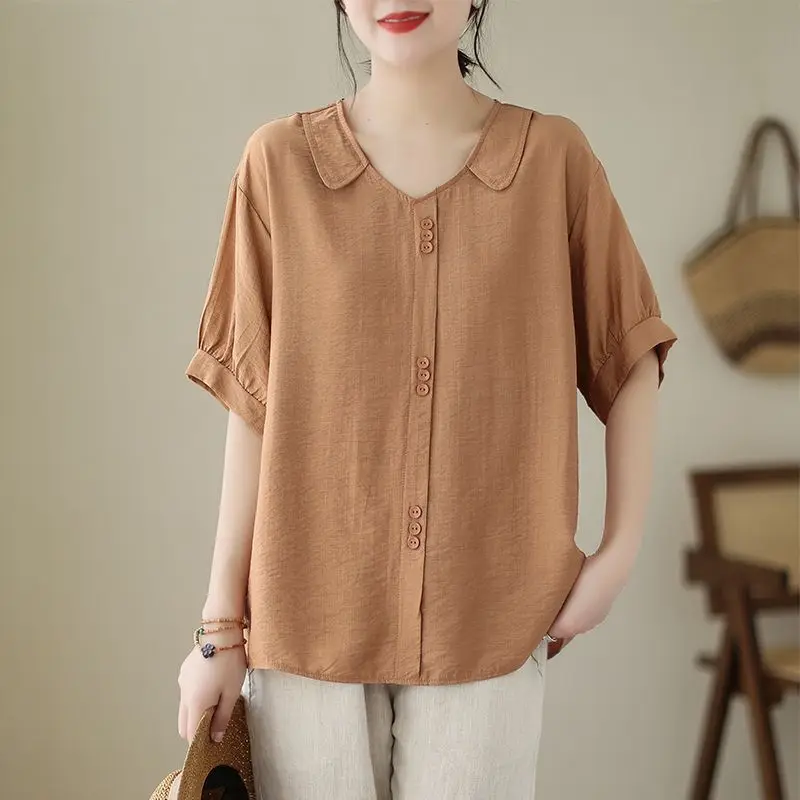 Women Summer Simplicity Loose Large Size Elegant Cotton and Linen Short Sleeve T-Shirt Women Clothes Casual Appear Thin Top Tee