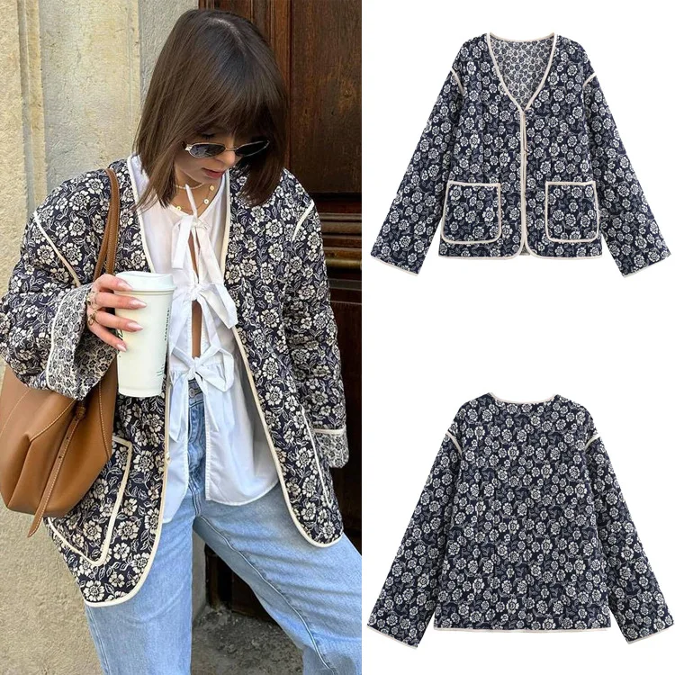 

Autumn Winter Vintage Woman Embroidery Floarl Print Jacket Double-sided Floral Print Coat V-neck Single-breasted Pocket Overcoat
