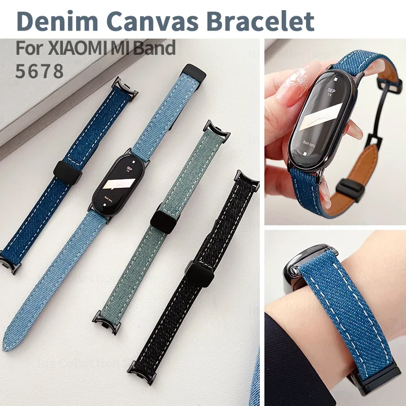 Korean Denim Canvas Leather Strap for Xiaomi Mi Band 6 5 7 8 Replacement Wristband for MiBand 8 7 Magnetic Bracelet Accessories