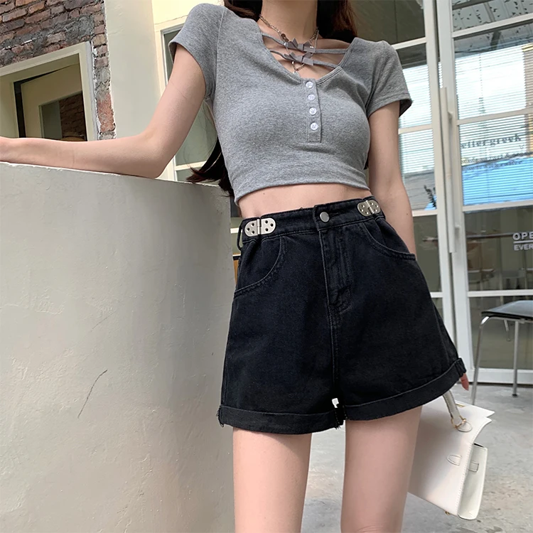 

Shorts Women Retro Crimping Denim Trousers Sexy Solid Harajuku Loose High Waist Streetwear Korean Fashion Mujer Chic Bottoms